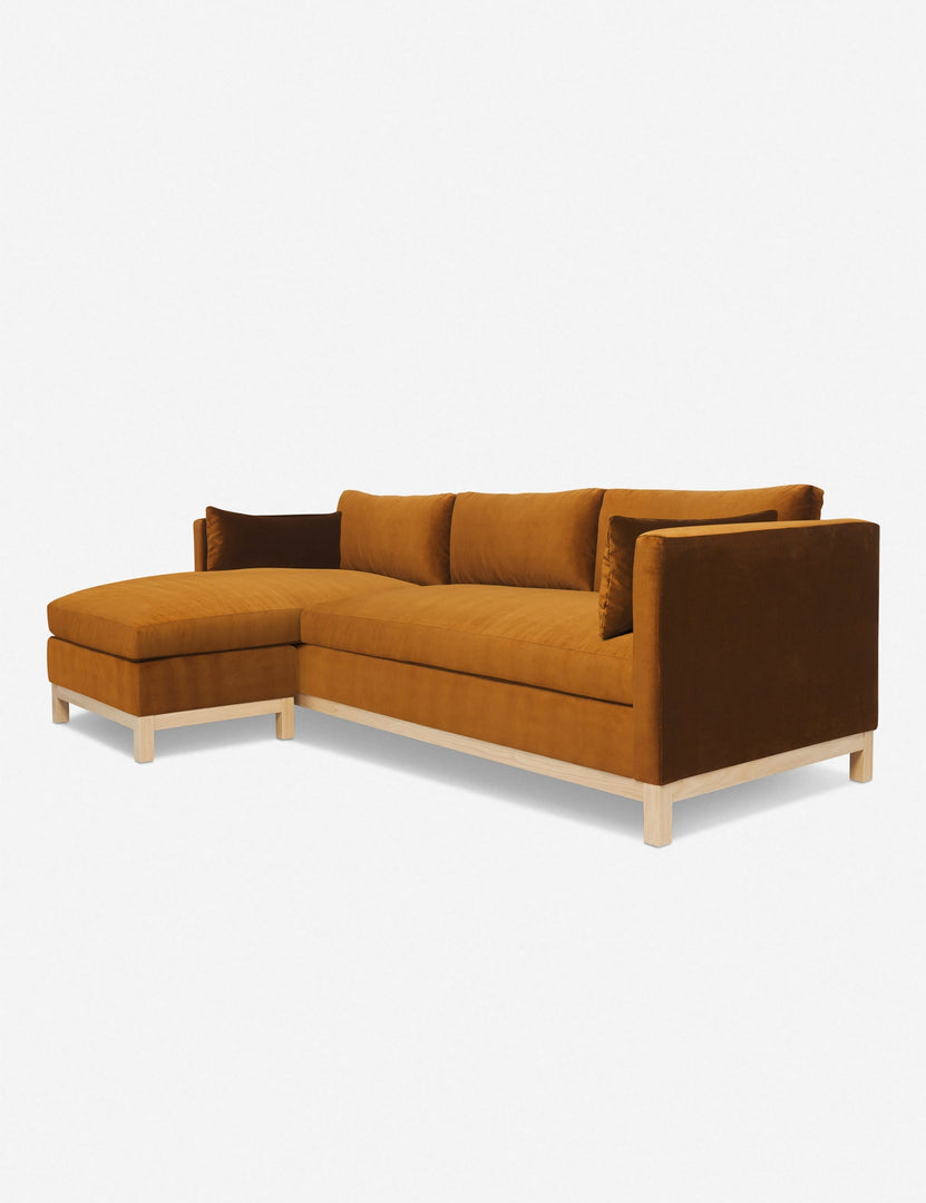 #color::cognac #size::96--x-37--x-33- #configuration::left-facing | Right angled view of the Hollingworth cognac velvet sectional sofa