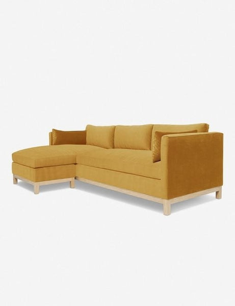 #color::goldenrod-velvet #size::96--x-37--x-33- #configuration::left-facing | Right angled view of the Hollingworth Goldenrod Velvet sectional sofa