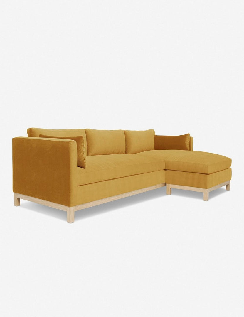 #color::goldenrod-velvet #size::96--x-37--x-33- #configuration::right-facing | Left angled view of the Hollingworth Goldenrod Velvet sectional sofa