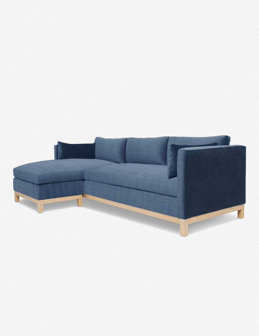 #color::harbor #size::96--x-37--x-33- #configuration::left-facing | Right angled view of the Hollingworth Harbor Blue Velvet sectional sofa