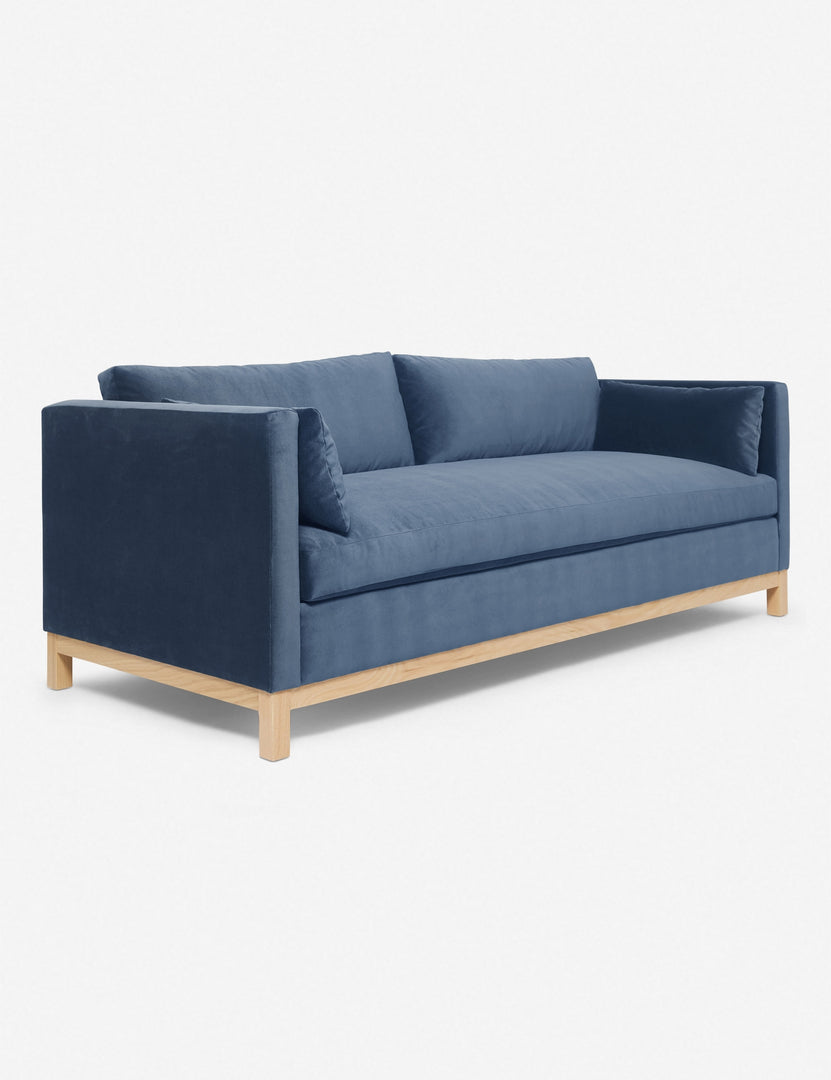 #size::84-W #size::96-W #color::harbor | Angled view of the Harbor Blue Velvet Hollingworth Sofa