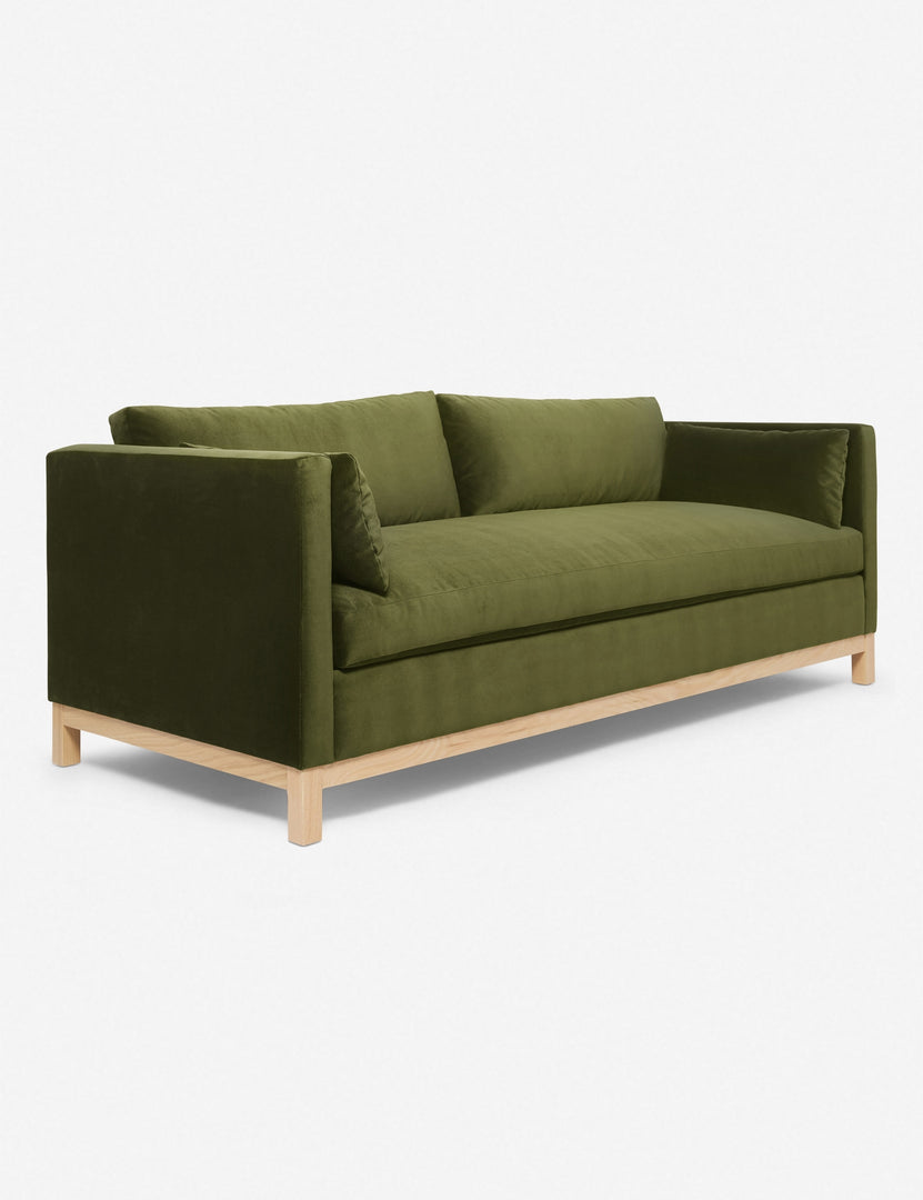 #size::84-W #size::96-W #color::jade | Angled view of the Jade Green Velvet Hollingworth Sofa