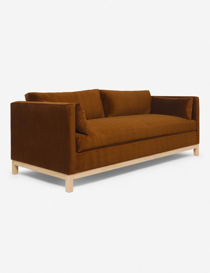#size::84-W #size::96-W #color::cognac | Angled view of the Cognac Velvet Hollingworth Sofa
