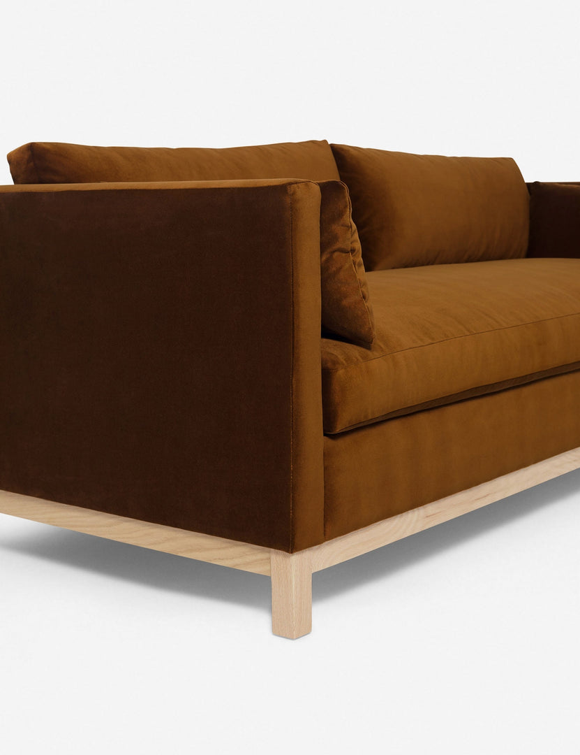 #size::84-W #size::96-W #color::cognac | Left side of the Cognac Velvet Hollingworth Sofa