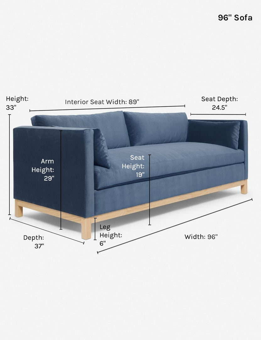  #size::96-W #color::harbor | Dimensions on the 96 inch Harbor Blue Velvet Hollingworth Sofa