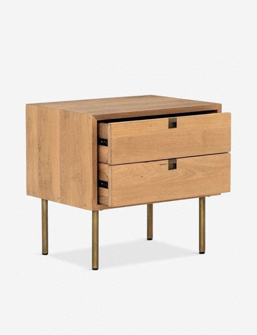 | Angled view of the Karma nightstand with its drawers open
