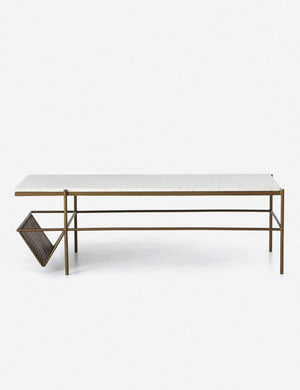 Thina rectangular marble coffee table with gold hardware and magazine shelf