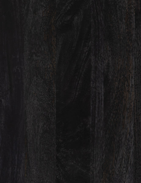 #color::black | Close-up of the black mango wood on the Hannah black mango wood sideboard with cane doors and an iron base.