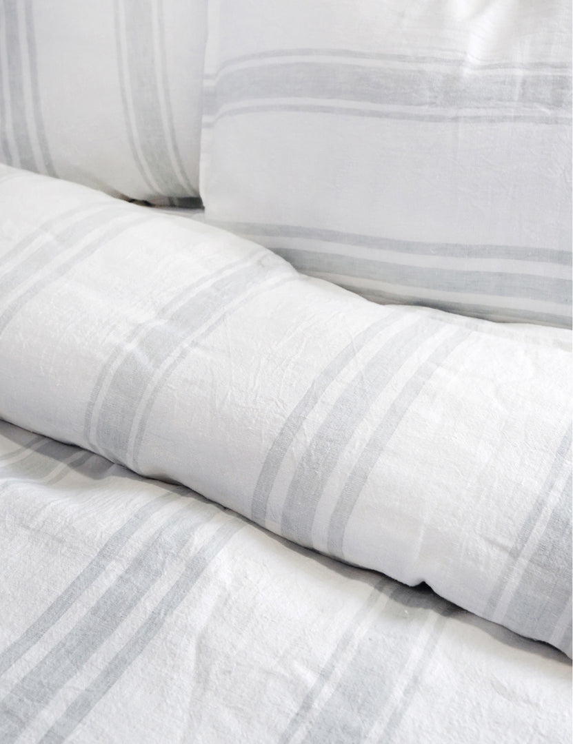#color::white-and-ocean #size::king #size::queen | Detailed shot of the Jackson Linen white and ocean striped Duvet by Pom Pom at Home