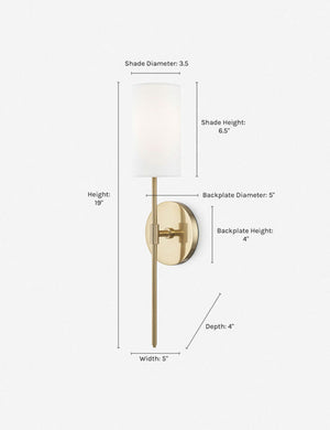 Dimensions on the Jensine aged brass slim sconce with cylindrical shade