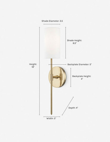 #color::aged-brass | Dimensions on the Jensine aged brass slim sconce with cylindrical shade