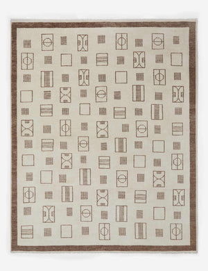 Jillian ivory hand-knotted rug with brown varying geometric shapes and a brown border