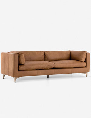 Angled view of the Jocelyn brown leather sofa