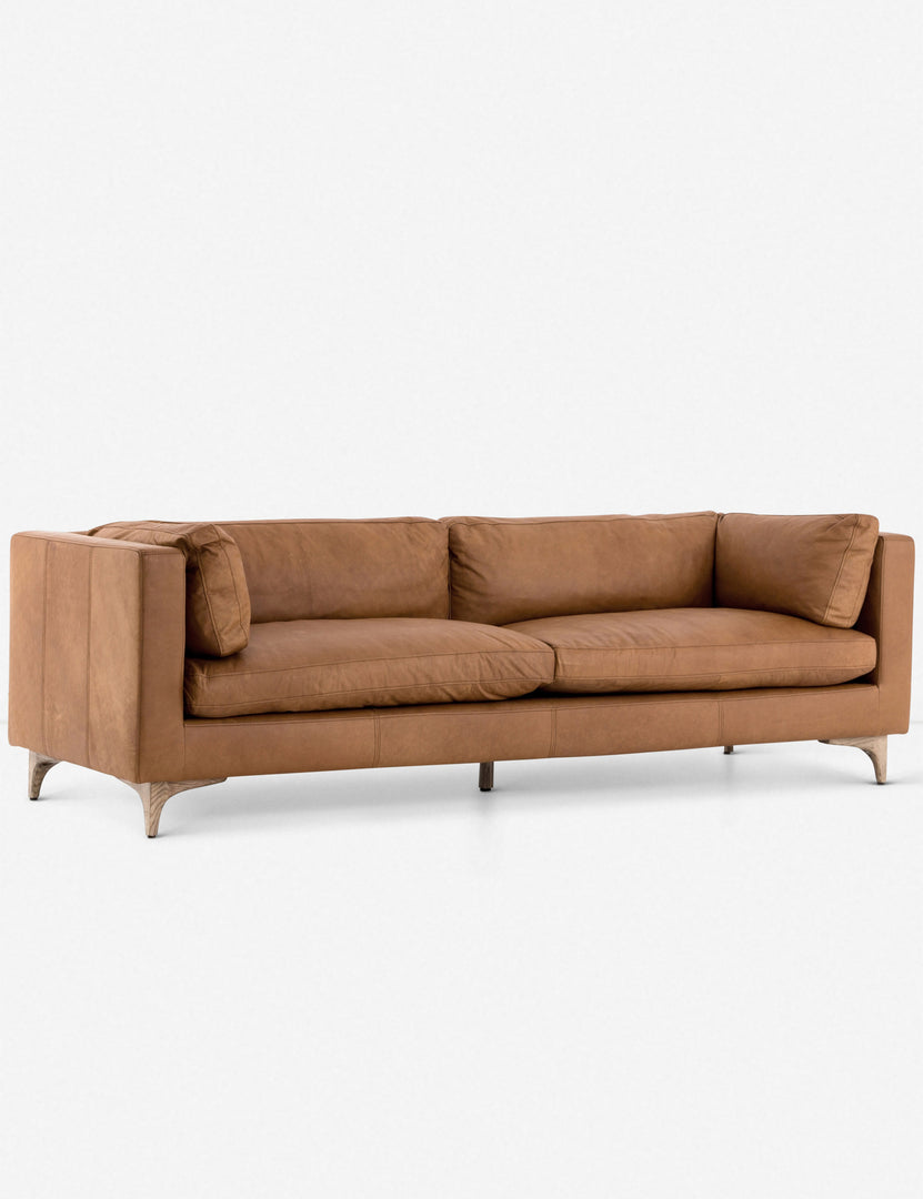 | Angled view of the Jocelyn brown leather sofa
