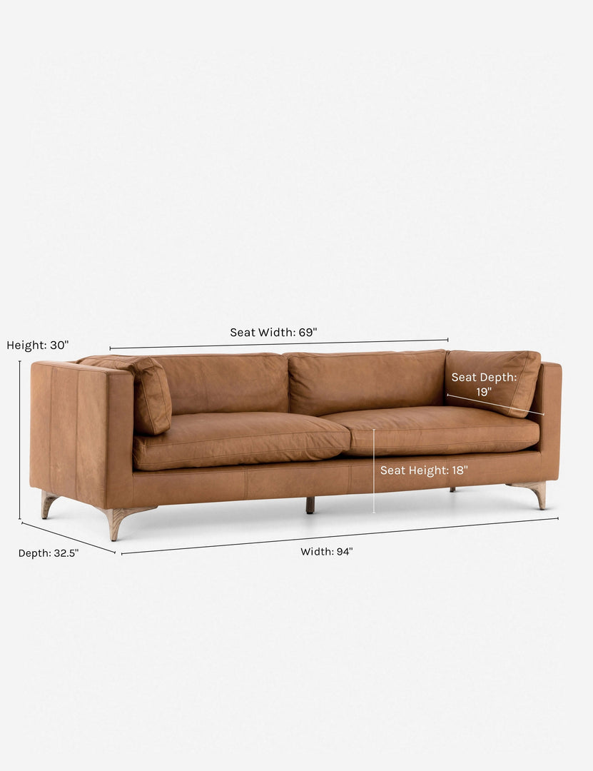 | Dimensions on the Jocelyn brown leather sofa