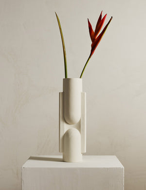 Kala matte white geometric vase by light and ladder with a flower
