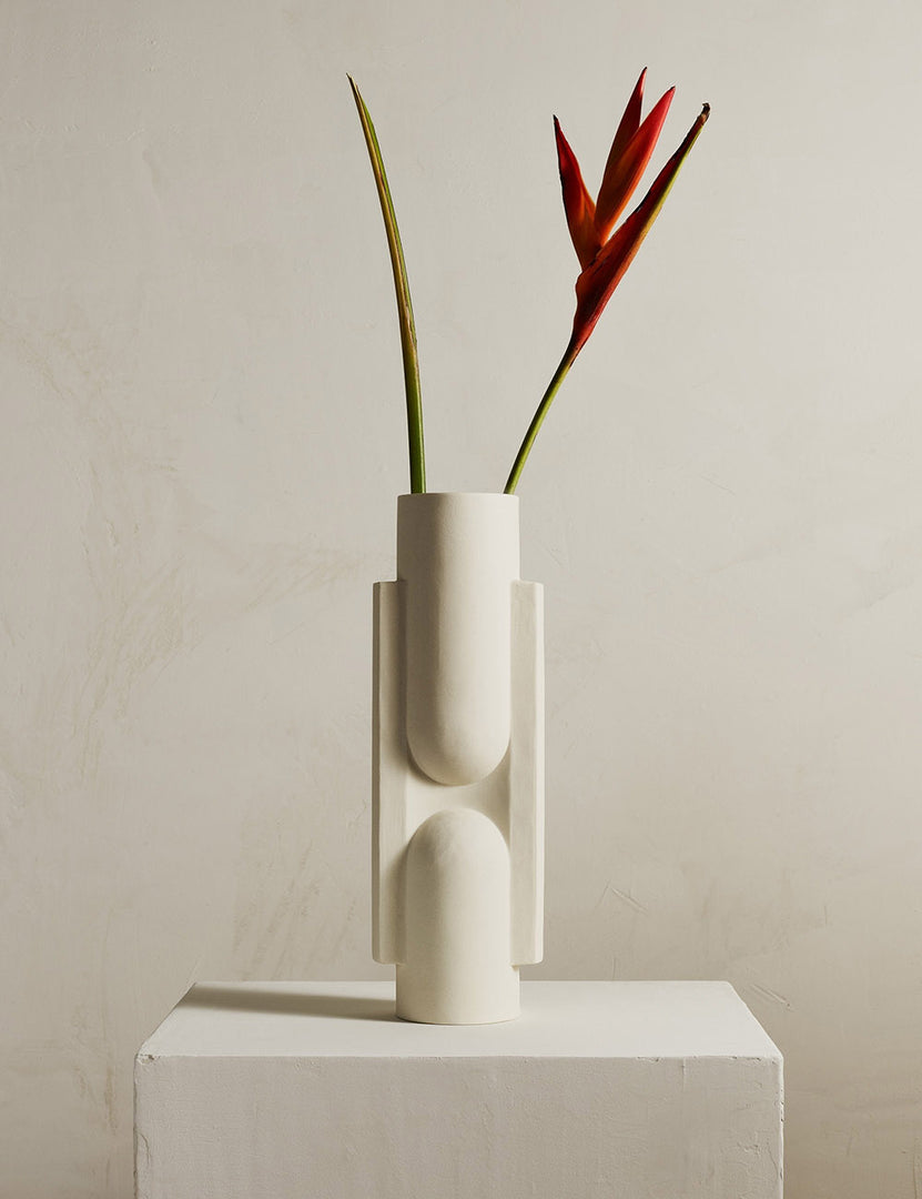 #color::white | Kala matte white geometric vase by light and ladder with a flower