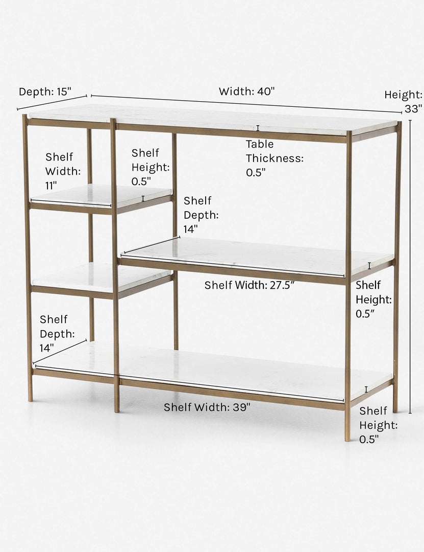 | Dimensions on the Kathleen console table with marble shelves and gold finish