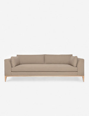 Charleston Pebble Gray Linen sofa with a single seat cushion, natural oak base, and gently curved arms