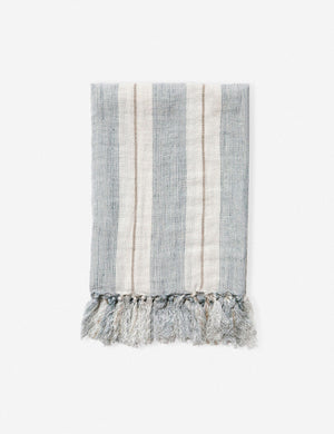 Laguna blue and cream striped linen blanket by pom pom at home with tassel fringed ends