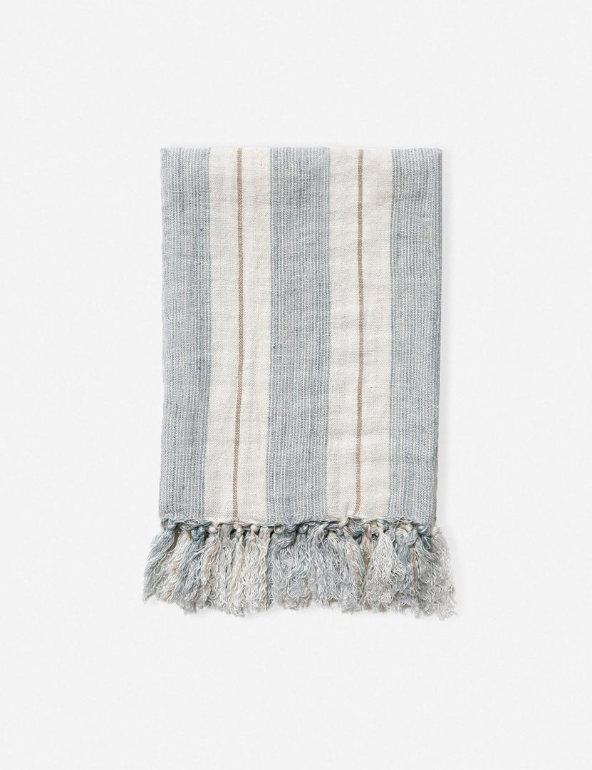 #color::ocean #size::110--x-90- #size::90--x-90- | Laguna blue and cream striped linen blanket by pom pom at home with tassel fringed ends