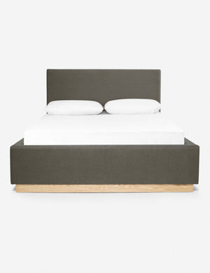 Lockwood gray velvet-upholstered bed with a white oak base.
