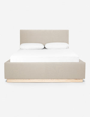 Lockwood sand-striped velvet-upholstered bed with a white oak base.