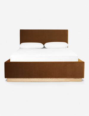 Lockwood cognac velvet-upholstered bed with a white oak base.