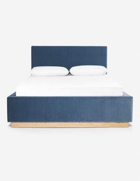 #color::harbor #size::cal-king #size::king #size::queen | Lockwood blue velvet-upholstered bed with a white oak base.