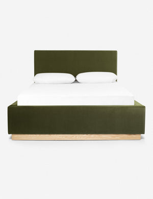 Lockwood jade velvet-upholstered bed with a white oak base.