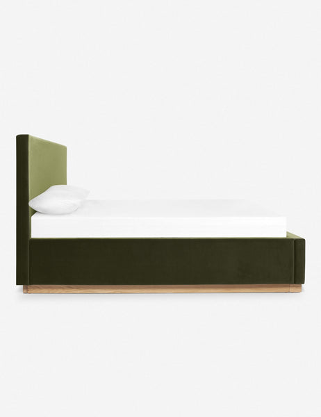 #color::jade #size::cal-king #size::king #size::queen | Side view of the Lockwood jade velvet-upholstered bed with a white oak base.