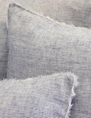 Close up of the Logan linen striped navy sham by pom pom at home