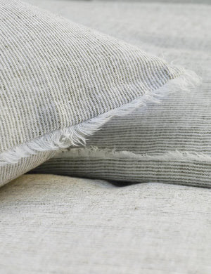 Close up of the Logan linen striped olive green sham by pom pom at home