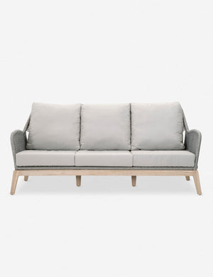 London gray Indoor / Outdoor Sofa with a criss cross rope weave construction on a light teak frame and removable cushions
