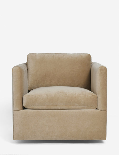#color::camel-velvet | Lotte camel velvet swivel chair with a deep seat and shelter-style design