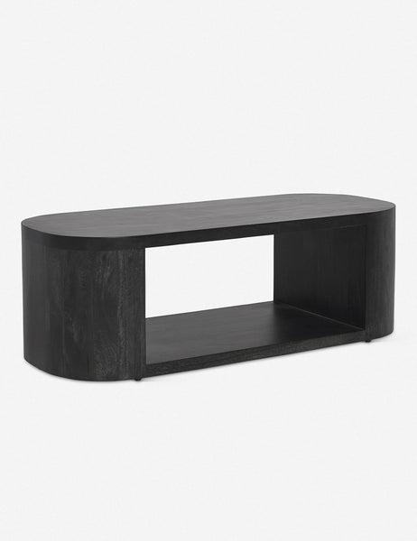 #color::black | Angled view of the Luna black wood oval coffee table.