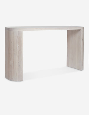 Angled view of the Luna white-washed oak oval console table.