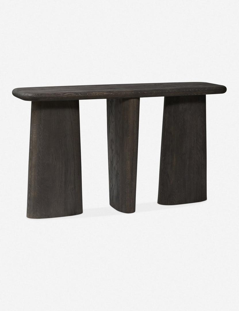 #color::black | Angled view of the Nera black wood sculptural console table
