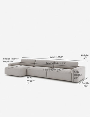 Dimensions on the Mackenzie ash gray linen left-facing sectional sofa