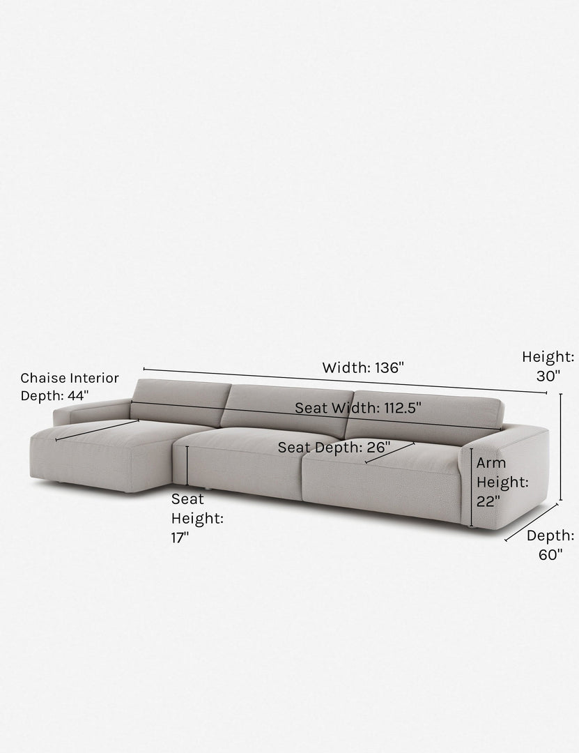 #color::ash #configuration::left-facing | Dimensions on the Mackenzie ash gray linen left-facing sectional sofa
