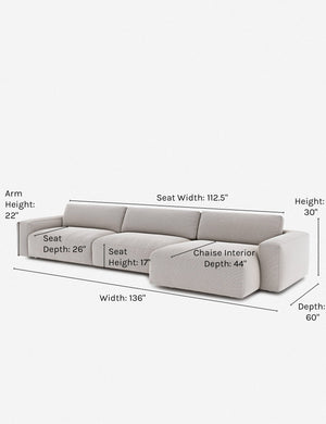 Dimensions on the Mackenzie ash gray linen right-facing sectional sofa