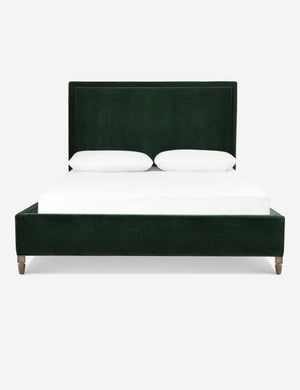 Maison forest green velvet upholstered platform bed with a tufted headboard border and solid oak wood legs