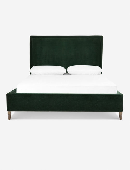 #color::forest #size::queen #size::king #size::cal-king | Maison forest green velvet upholstered platform bed with a tufted headboard border and solid oak wood legs