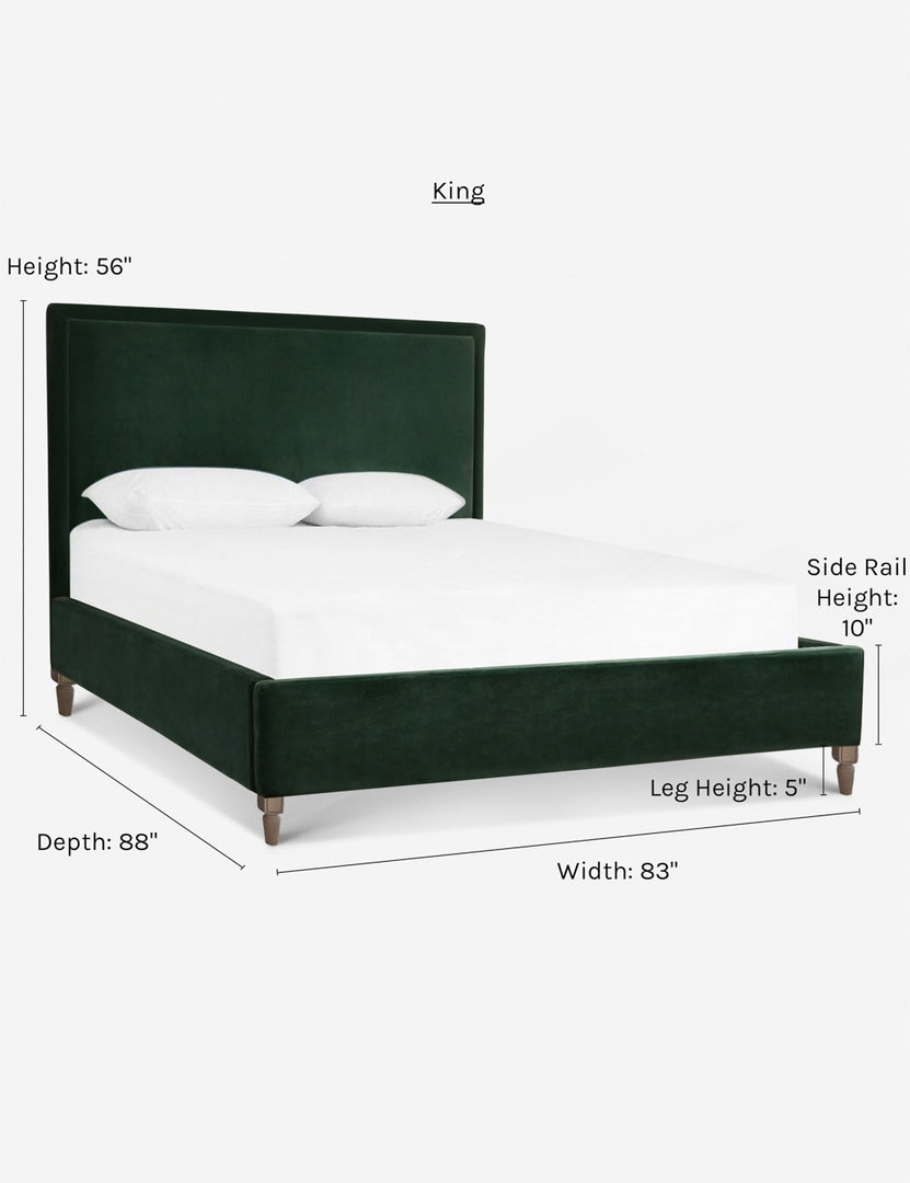#color::forest #size::king  | Dimensions on the king sized Maison forest green velvet platform bed 