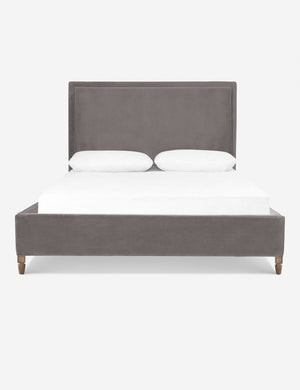 Maison Gray Velvet upholstered platform bed with a tufted headboard border and solid oak wood legs