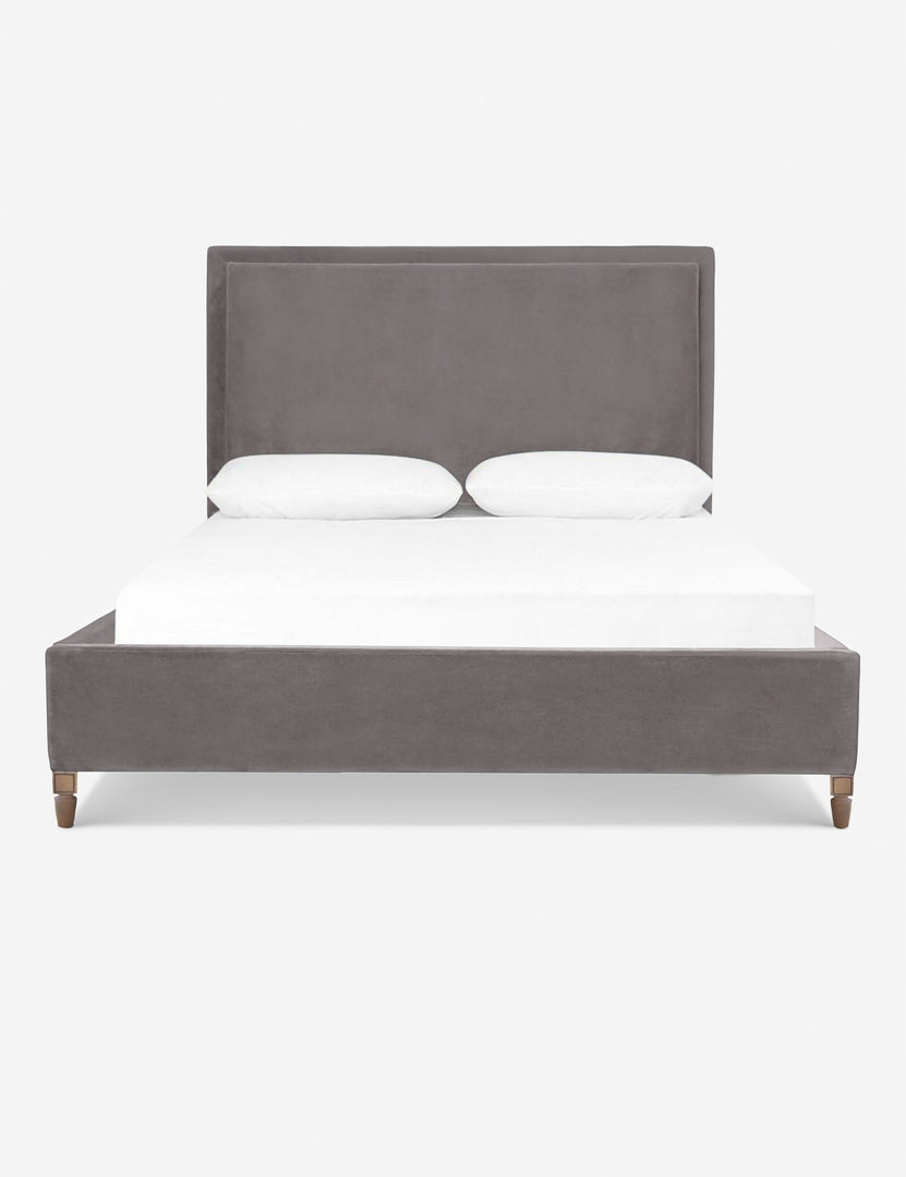 #color::gray #size::queen #size::king #size::cal-king | Maison Gray Velvet upholstered platform bed with a tufted headboard border and solid oak wood legs