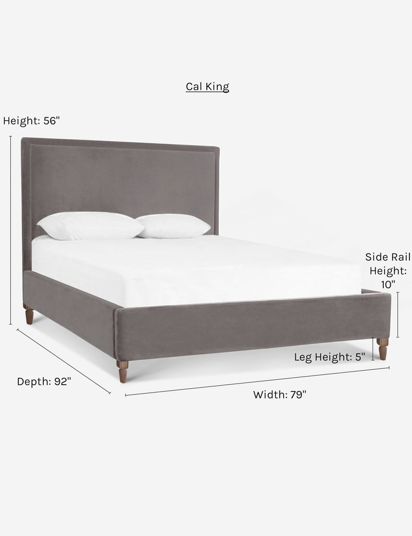 #color::gray #size::cal-king | Dimensions on the California king-sized Maison Gray Velvet platform bed