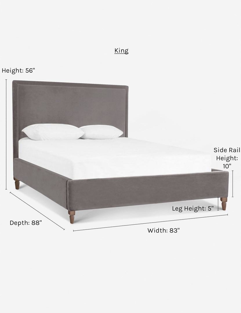 #color::gray #size::king | Dimensions on the king-sized Maison Gray Velvet platform bed