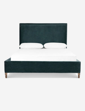 Maison Azure Blue Velvet upholstered platform bed with a tufted headboard border and solid oak wood legs