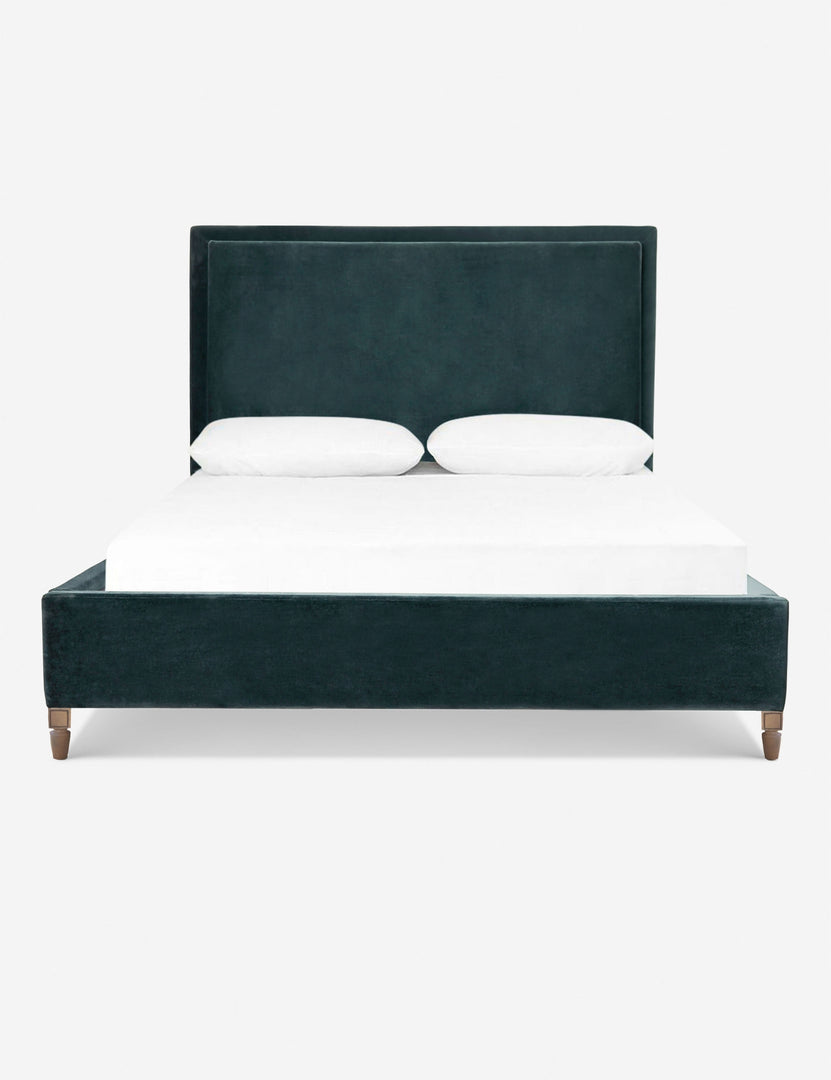#color::azure #size::queen #size::king #size::cal-king | Maison Azure Blue Velvet upholstered platform bed with a tufted headboard border and solid oak wood legs